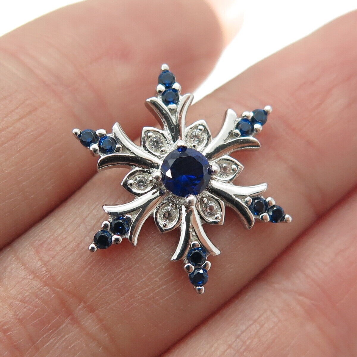 Round Cut Simulated Blue Sapphire Snowflake Pendant Chain 14k White Gold Plated