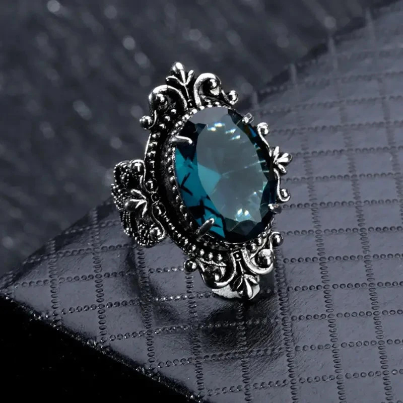 Vintage Oval Blue CZ Ring Women’s Retro Statement Party Jewelry