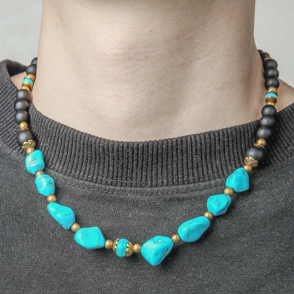 Dainty Blue Turquoise Choker Irregular Black Onyx Healing Men Gemstone Necklace