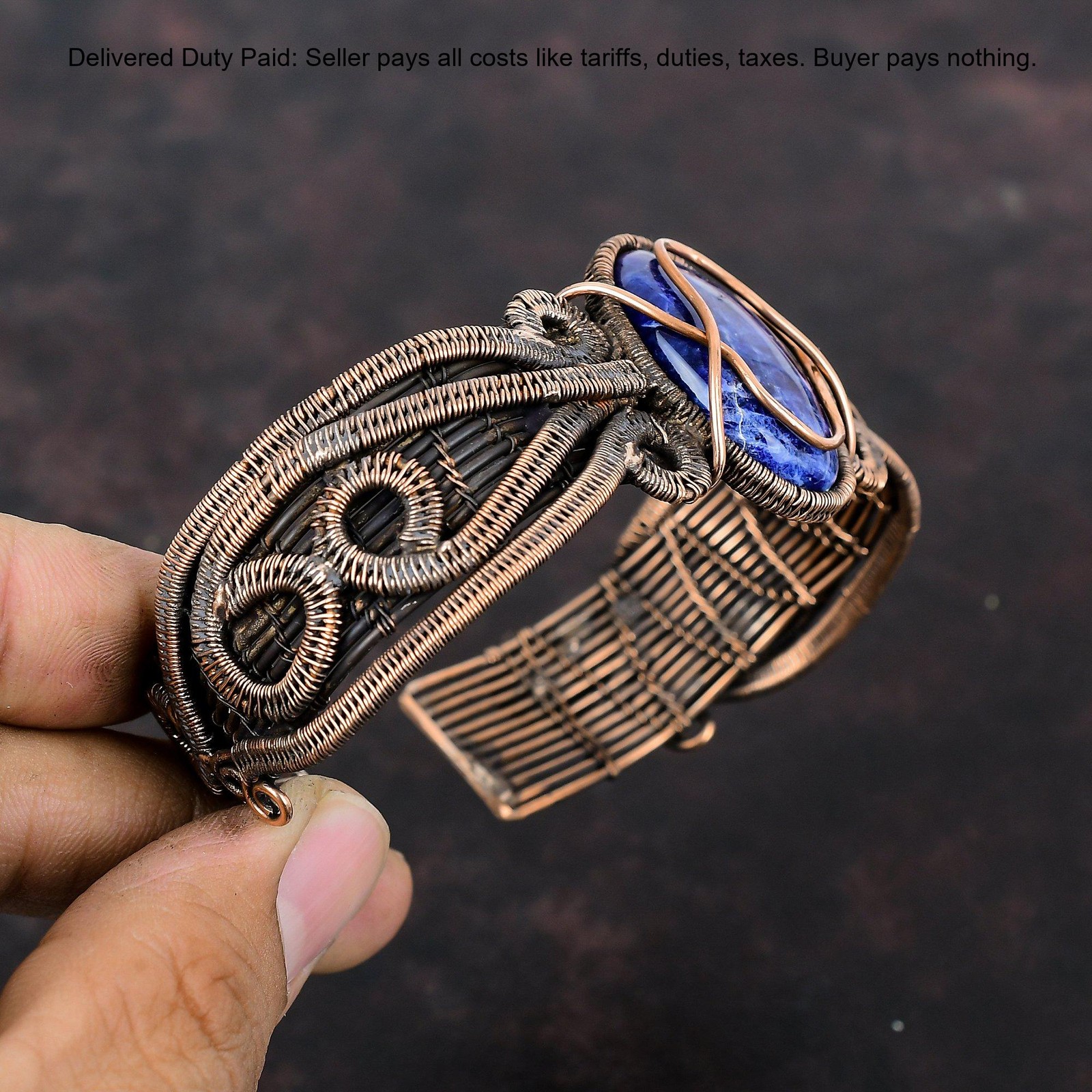 Oval Third Eye Chakra Sodalite Gemstone Boho Wire Wrapped Bangle Jewelry Copper