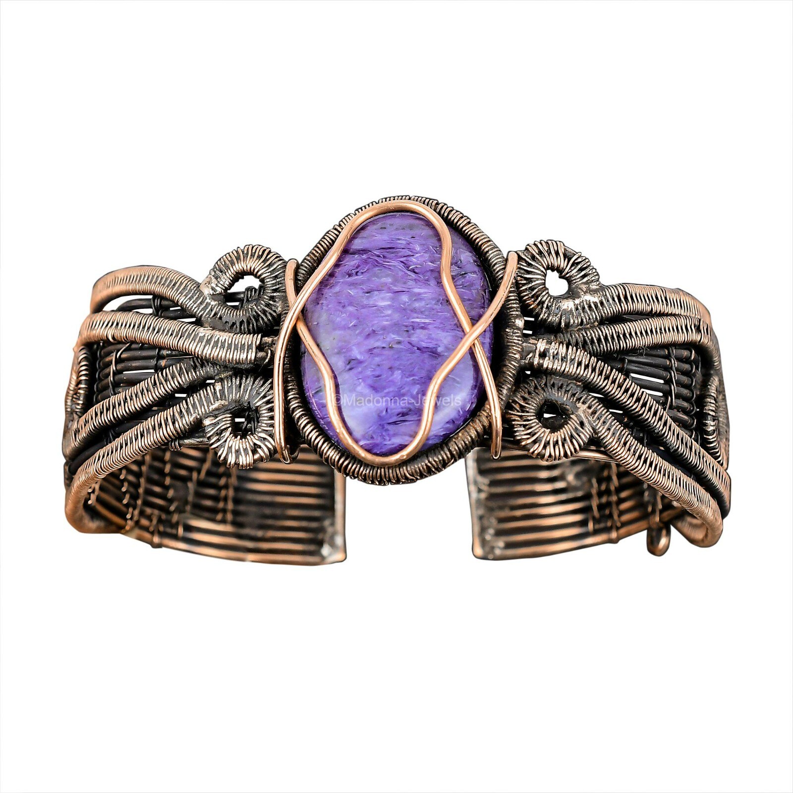 Russian Charoite Copper Gift For Friend Wire Wrapped Cuff Adjustable Bangle