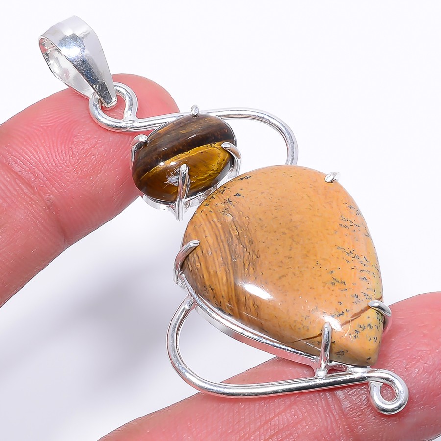 Natural Picture Jasper & Yellow Tiger Eye 925 Silver Plated Pendant 2.46″ F252