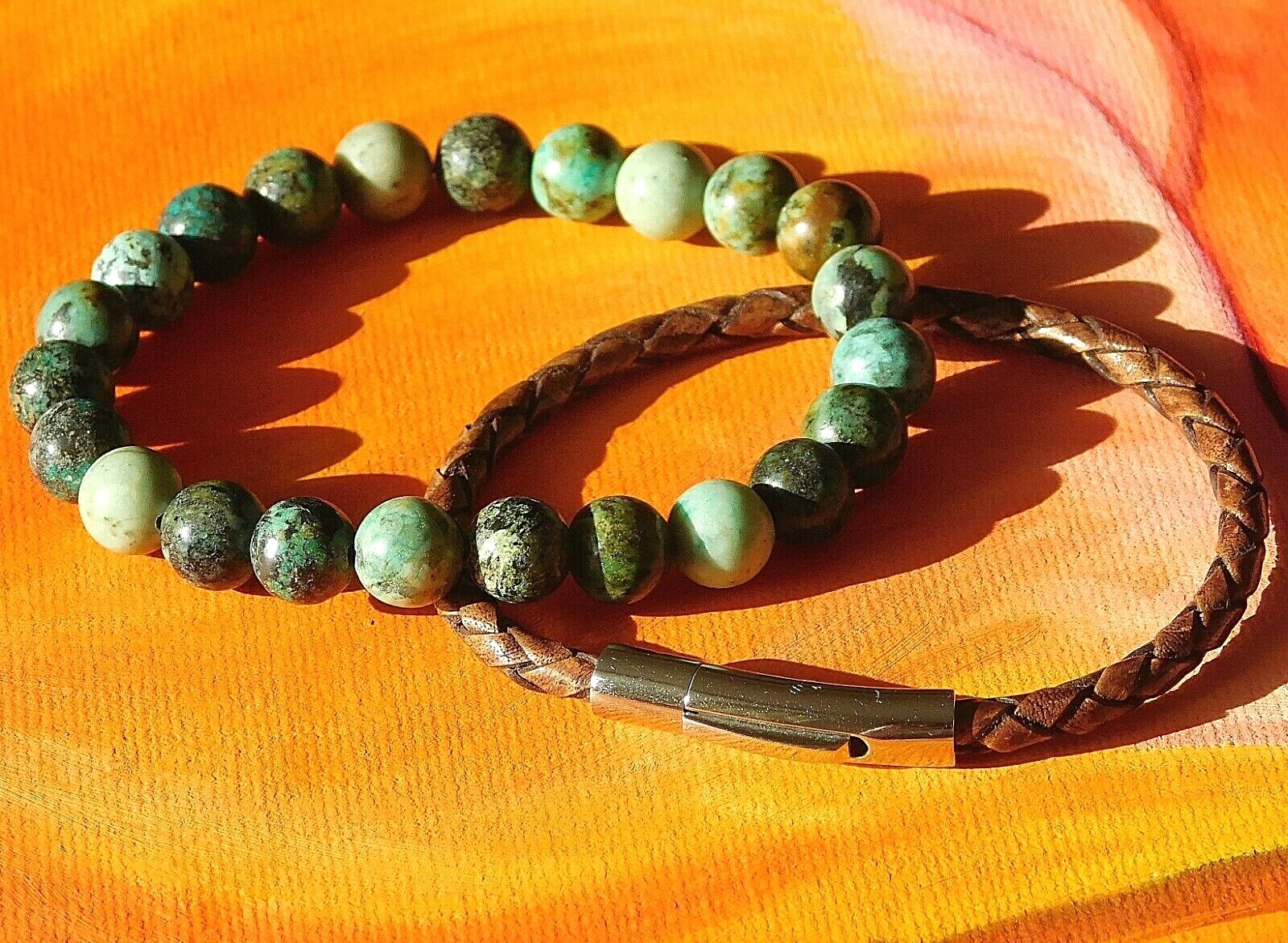 Mens / Ladies 8mm Gemstone Beaded Bracelet Set – African Turquoise & Leather.
