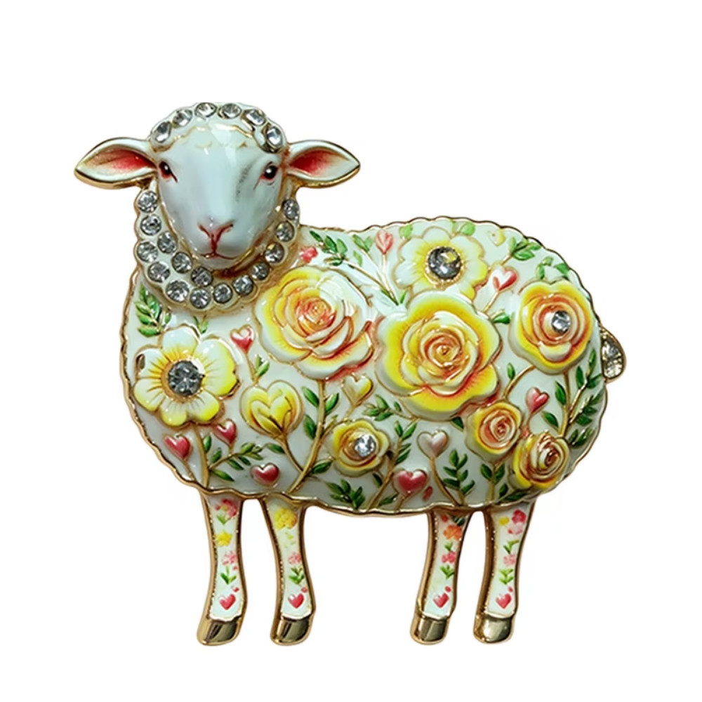 Vintage Yellow Sheep Brooch Rhinestone Enamel Floral Animal Pin Gold JewelryGift