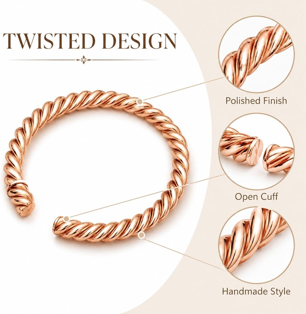 Copper Tensor Bracelet, Twisted Open Adjustable Cuff Bangle, Handmade