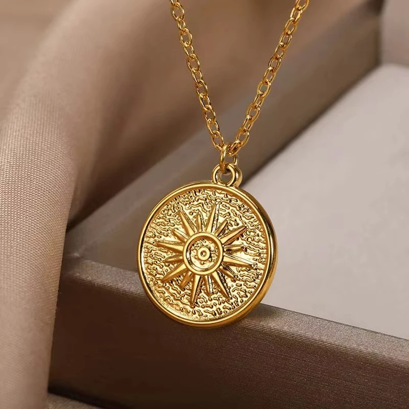 Gold Color Stainless Steel Sun Flower Geometric Necklace for Women Charm Pendant