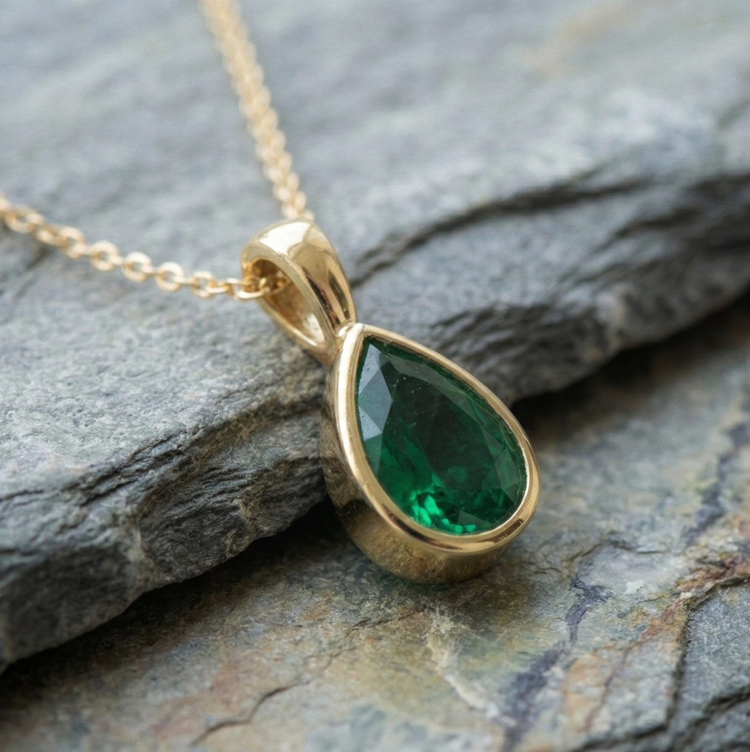 Pear Lab-Created Green Emerald Pendant Necklace, Gold Plated Handmade Pendant
