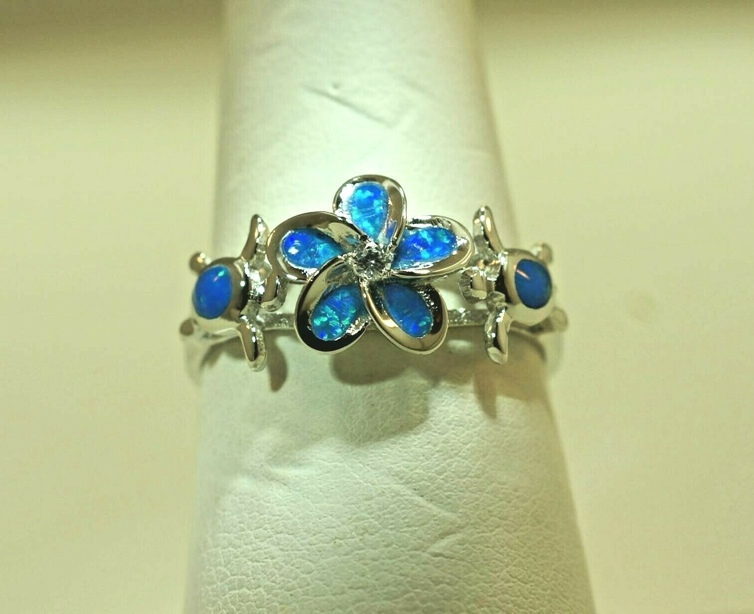 10/8MM RHODIUM OVER 925 SILVER INLAID OPAL HAWAIIAN PLUMERIA TURTLE CZ RING 5-10