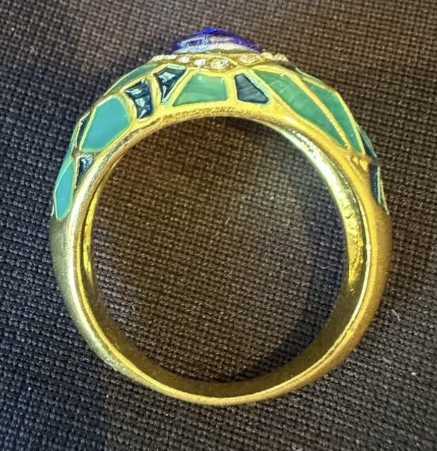 Gold Tone Green Enamel Dome Cocktail Ring Blue Round Crystal Bezel Size 7.75