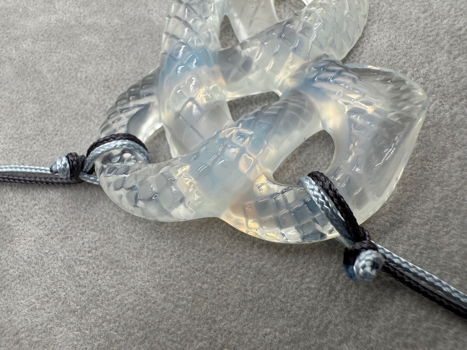 Lalique France Crystal Clear Snake Serpent Pendant Silk Cord Necklace w/ Box