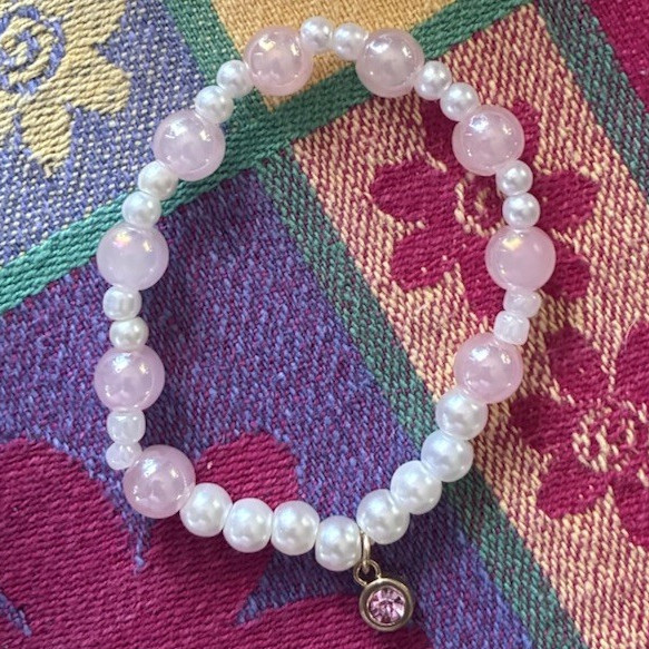 Pink & White Beaded Slip-On Bracelet w/ Dangle Charm, Round White Pearl
