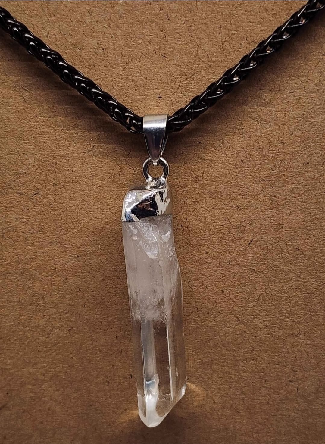 Clear Crystal Hexagon Point Pendant Necklace Black Rope Chain Silver Cap Setting