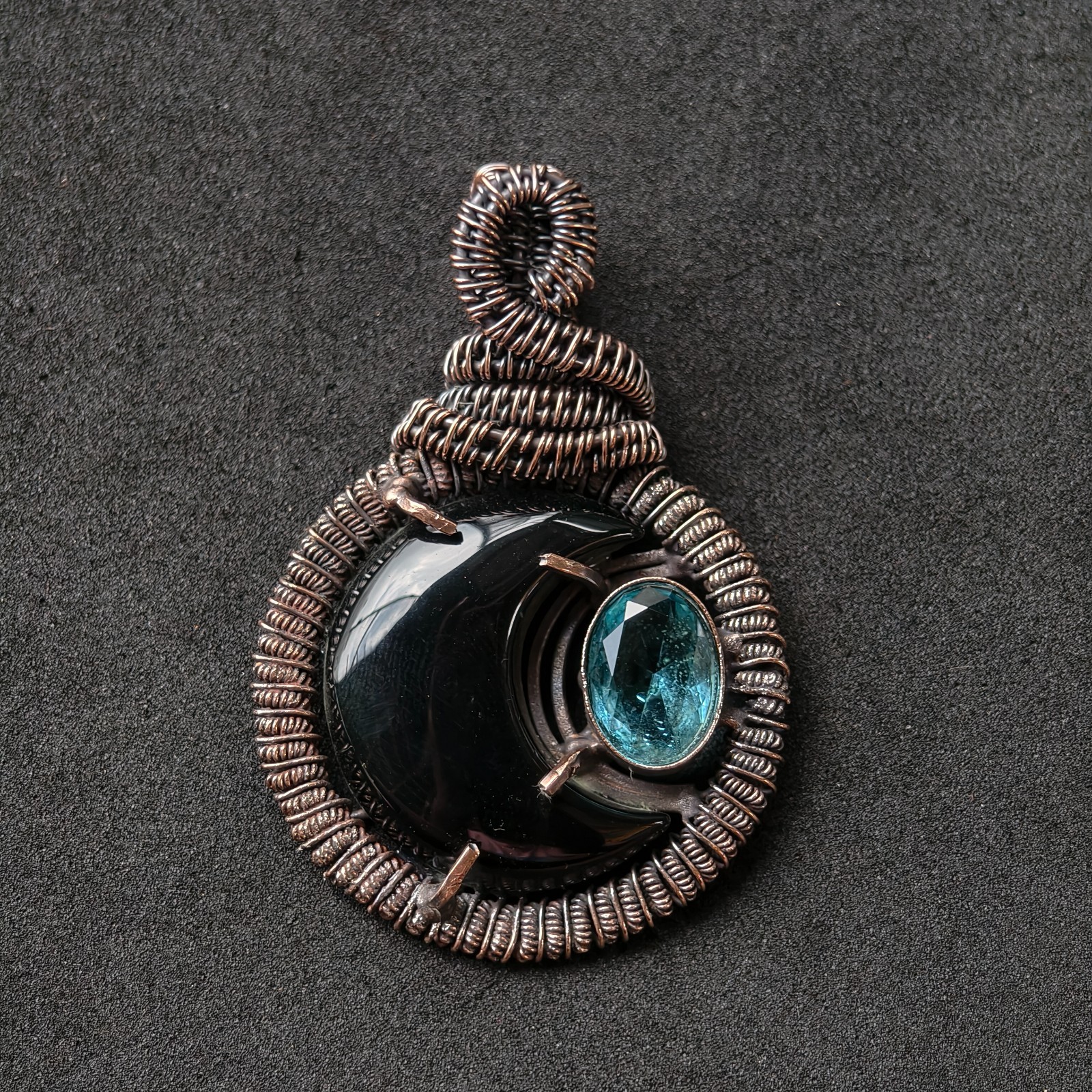 Copper Wire Wrapped Crescent Moon Pendant, Black Onyx & Blue Topaz Necklace