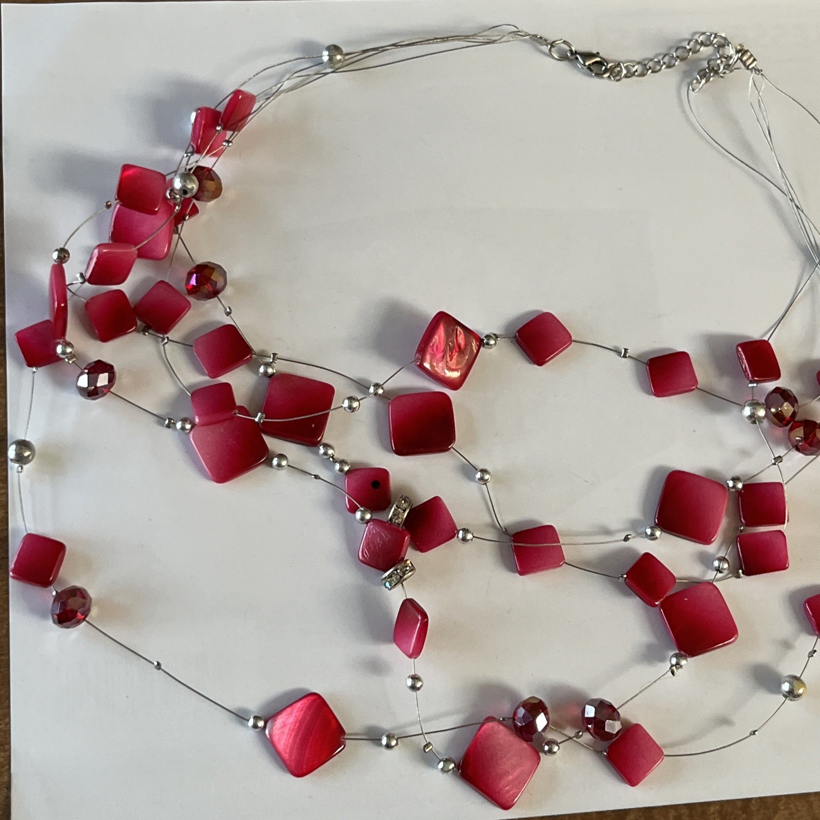5 layers 27 inch Layered Hot Pink And Grey silver tones Beaded Necklace elegant