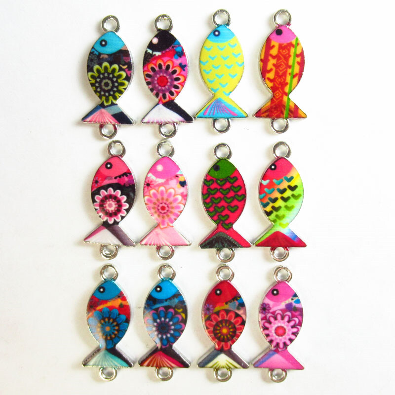 12Pcs 17x10x2/23mm Rainbow Enamel Tibetan Silver Fish Connector Pendant