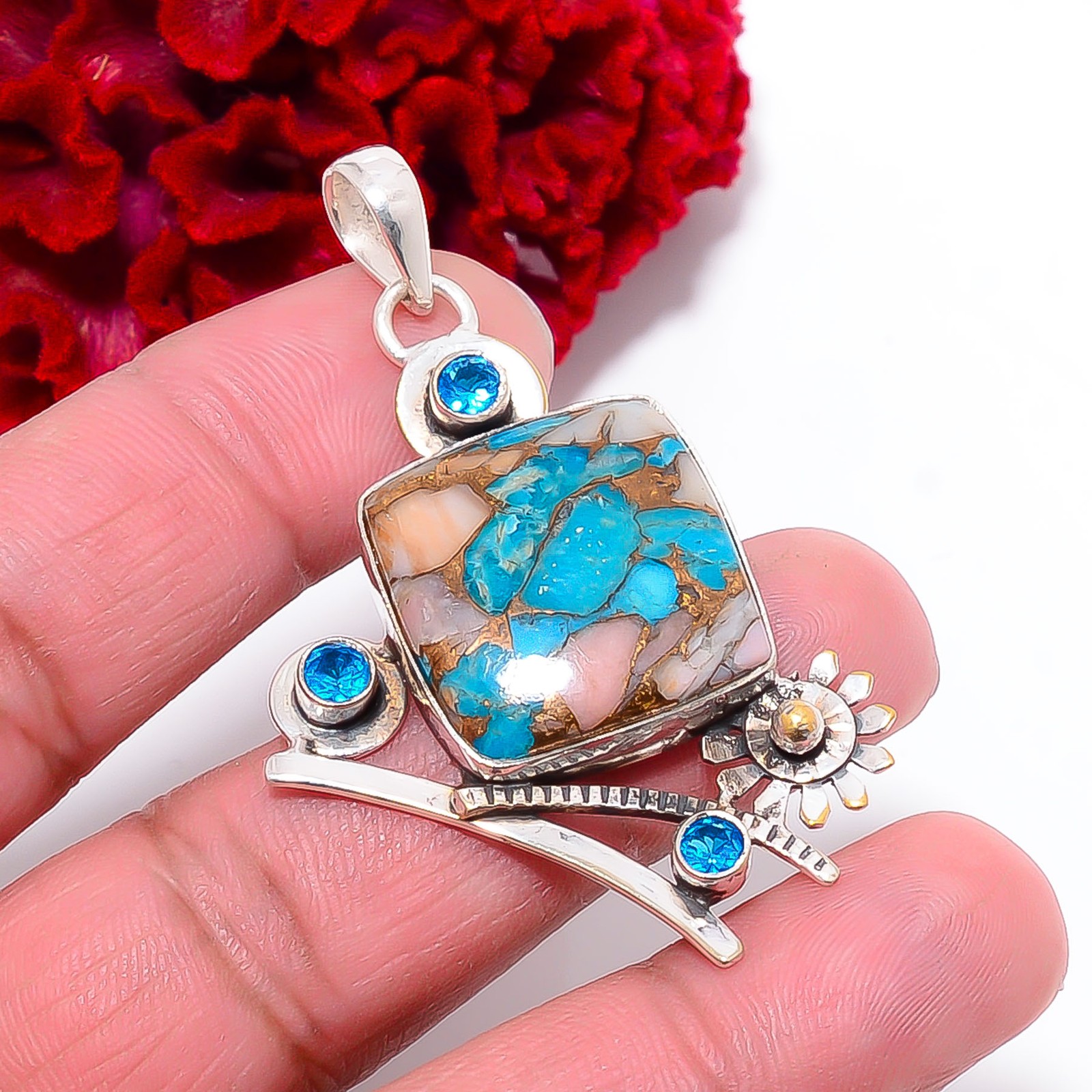 Copper Pink Opal Kingman Blue Turquoise & Blue Topaz 925 Silver Pendant 2.26″