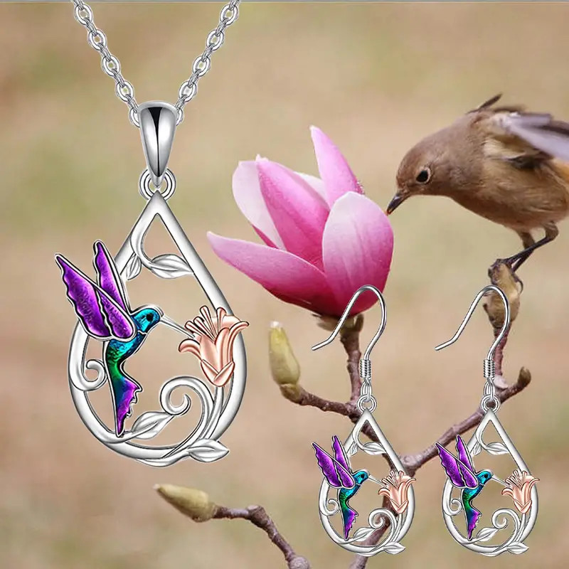 3 PCS Set Hummingbird Waterdrop Earrings Pendant Necklace Bird Flower Purple New
