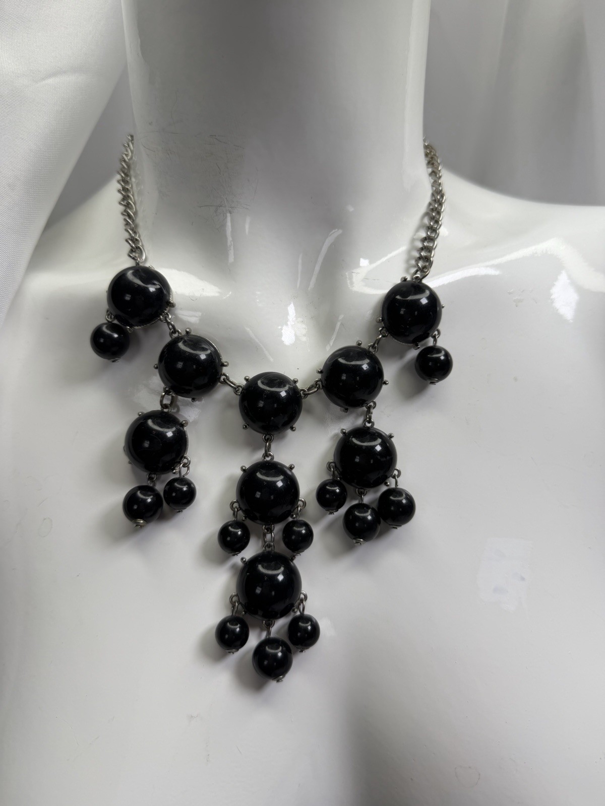 Vintage Black Bubble Bead Statement Necklace Silver Tone Chain Bib Necklace