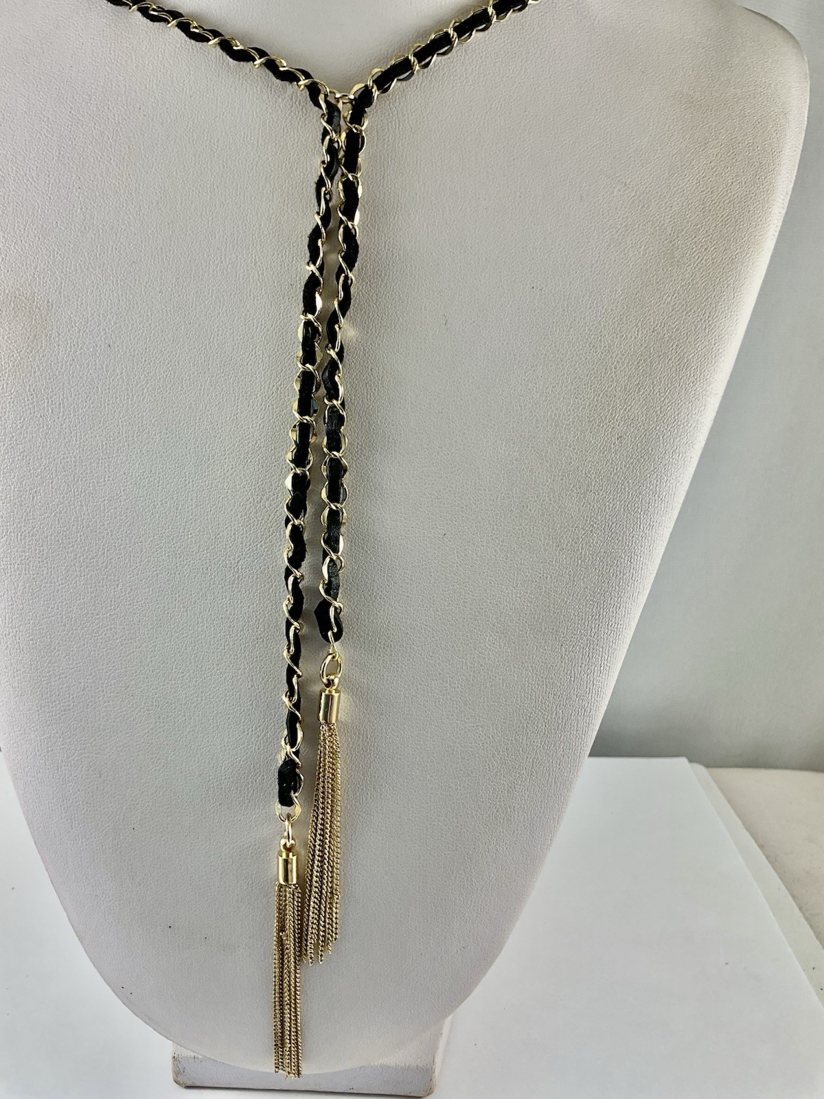 BCBGeneration Golden W Black Suede Woven 26” Tassle Necklace