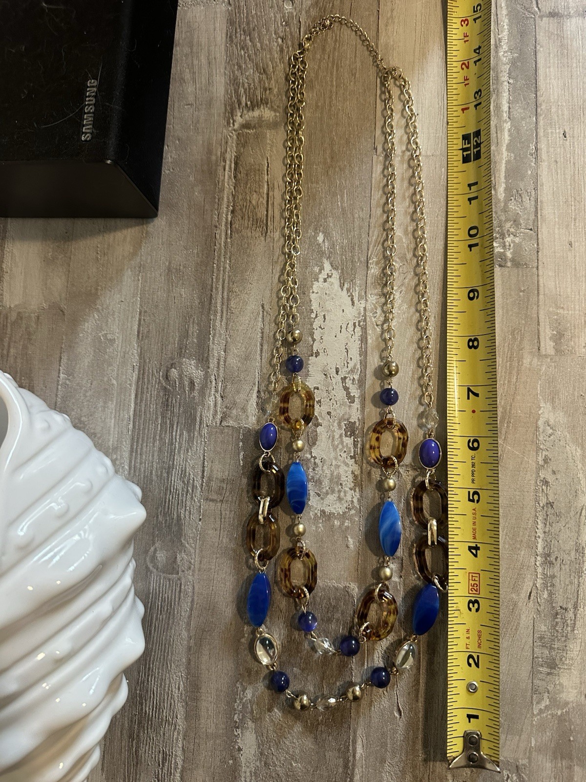 Gold Tone Layered Oval Link Chain Necklace Blue Brown Glass Beads, Adjustable