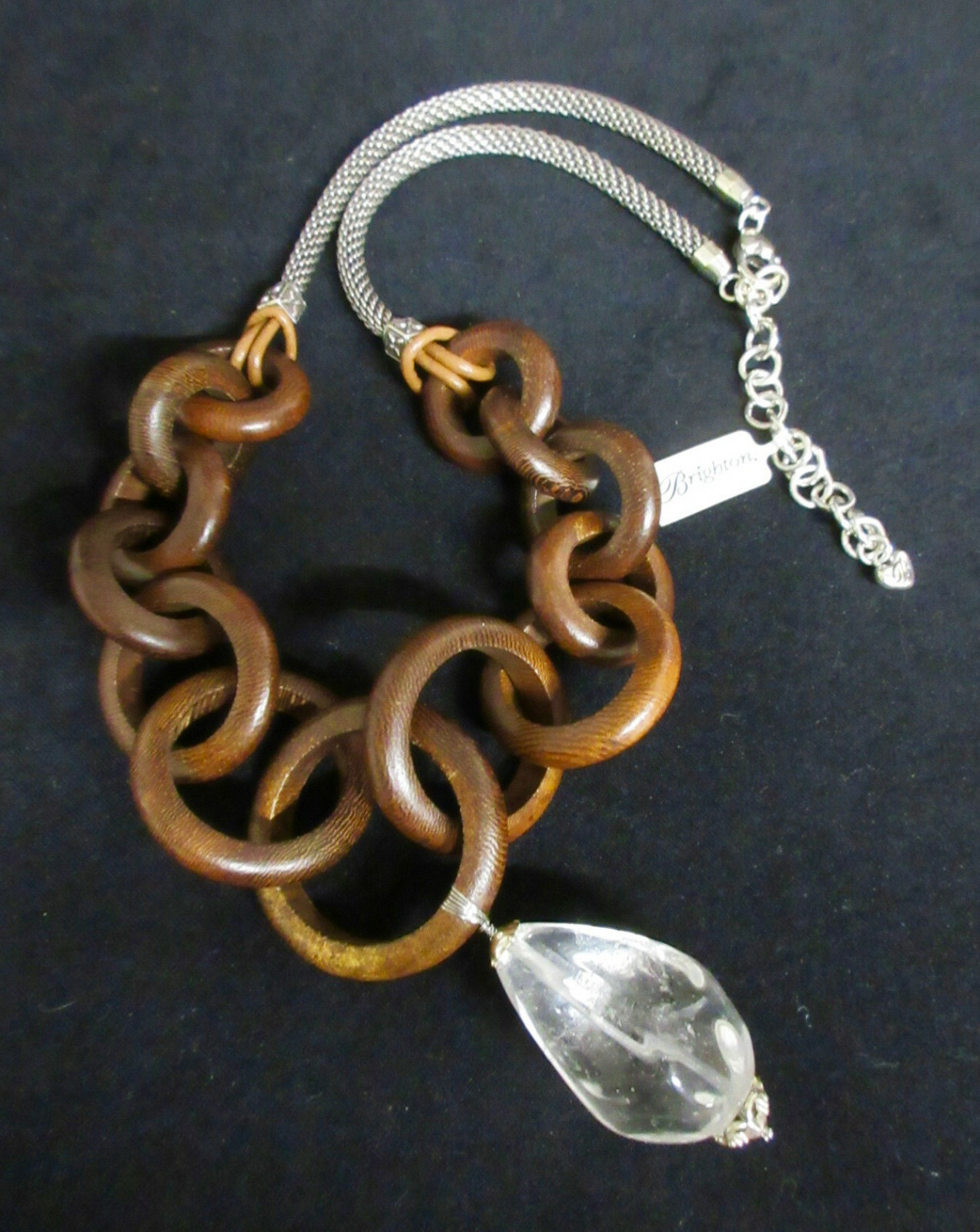 BRIGHTON Connecting Links WOODEN NECKLACE with GLASS Pendant TEARDROP NWT $98