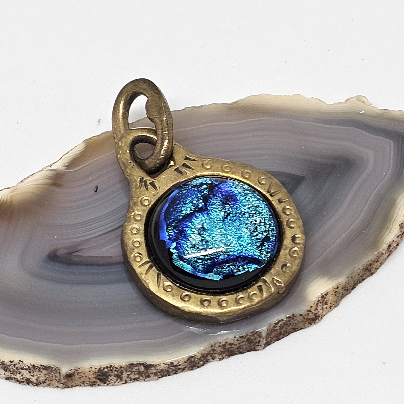 Dichroic Fused Glass Round Pendant Brass Blue Minimalist Statement Jewelry BJ