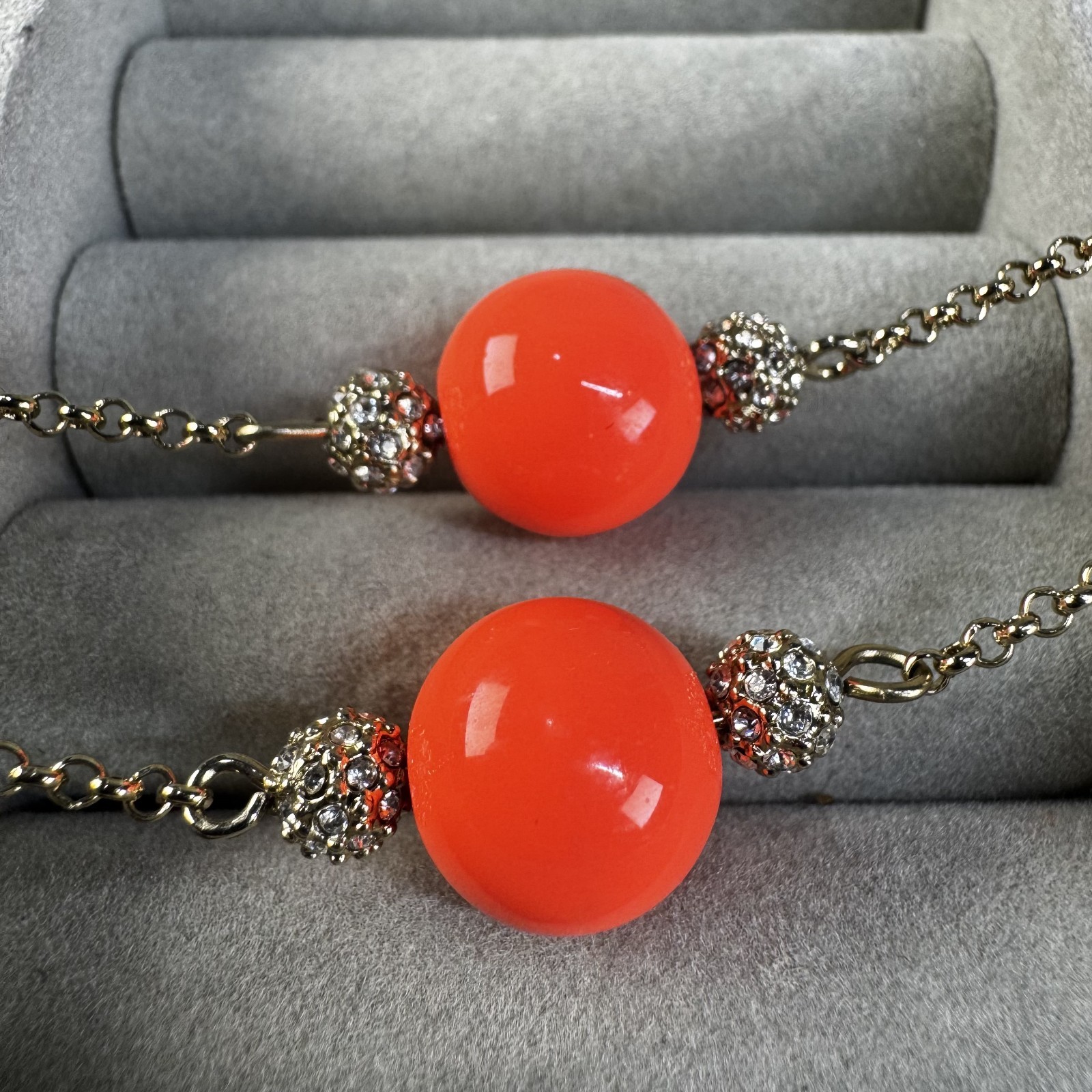 Ann Taylor Long Orange Red Beaded Rhinestone Station Necklace 35 in