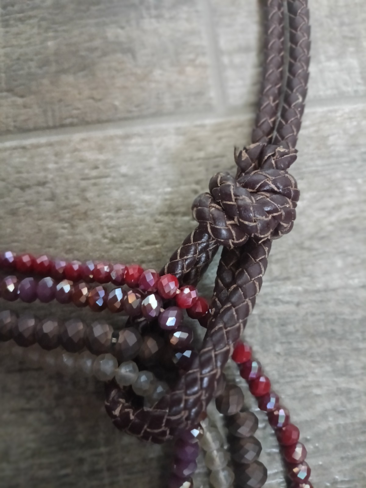 Leather Braided Crystal Beads Round Lariat Tie Like Necklace Adjustable UNIQUE