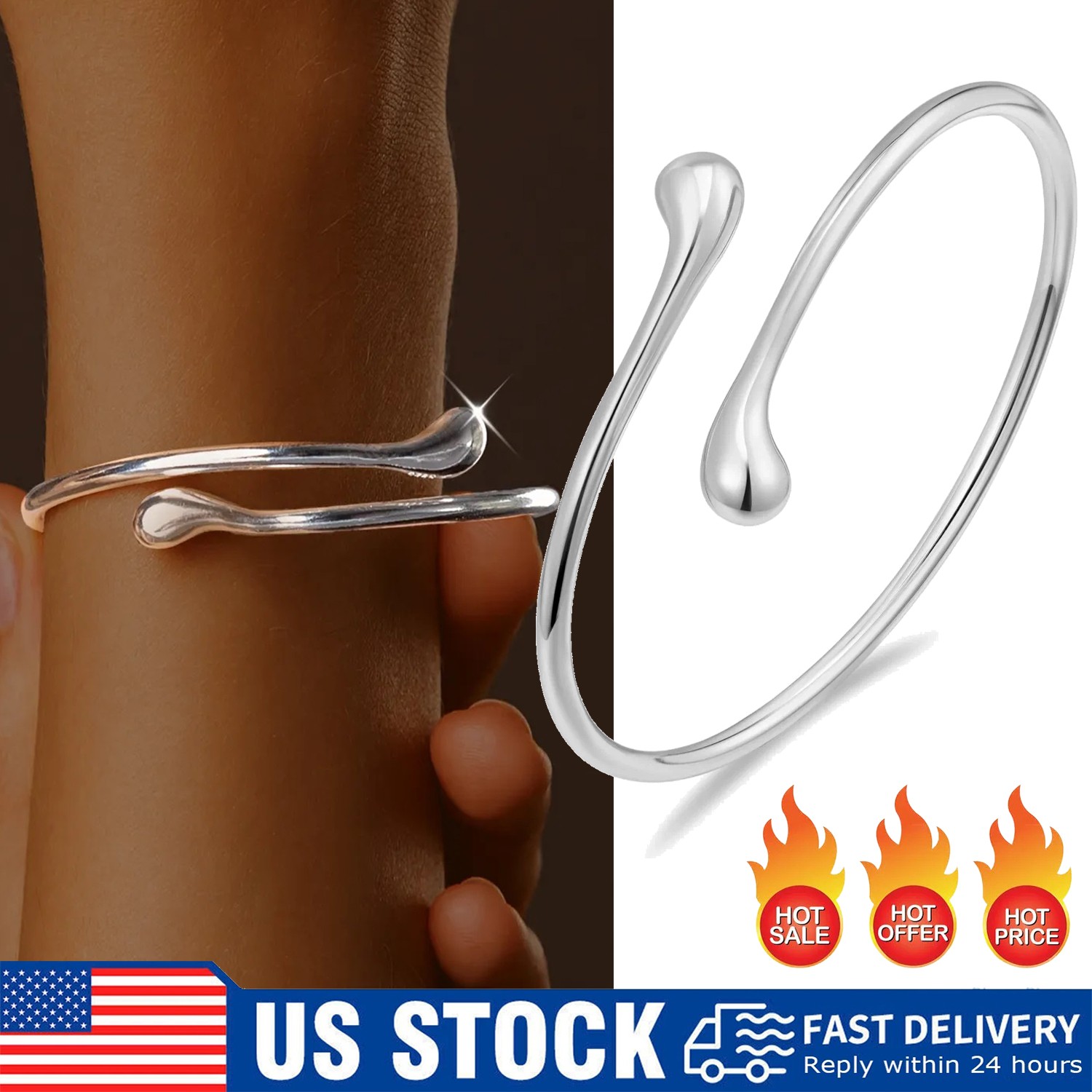 1/2x Women Silver Charm Bracelet Handmade Open Adjustable Cuff Bracelets Bangles