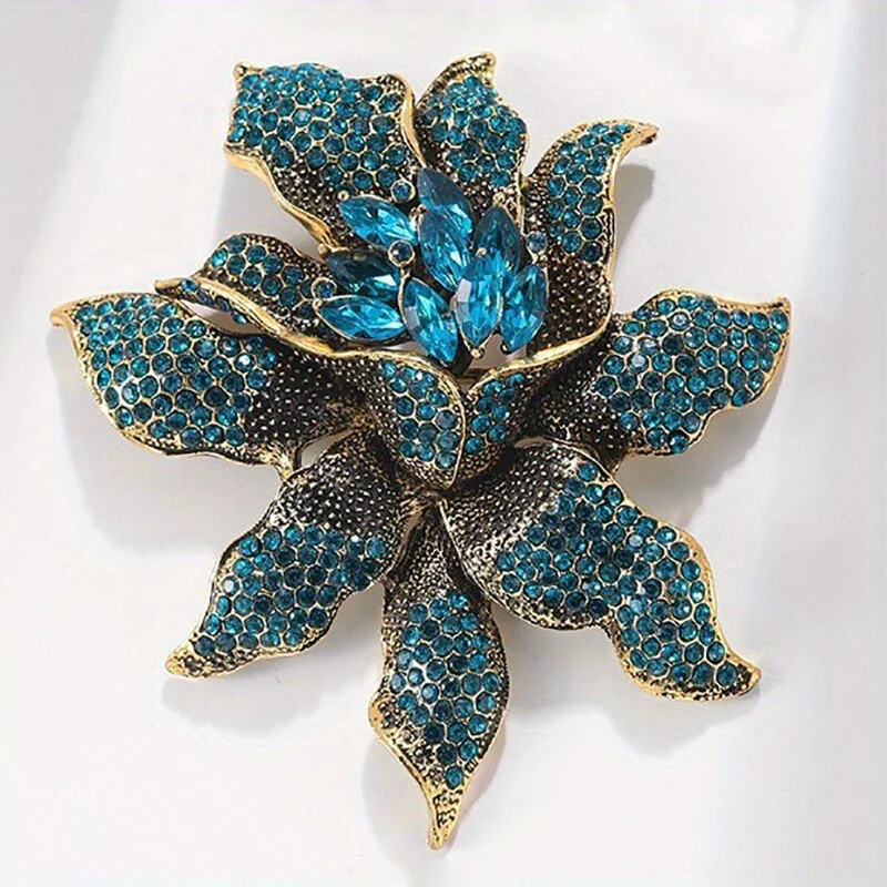 Unique Vintage Style Flower Leaf Blue Rhinestone Crystal Pendant Brooch Pin Gift