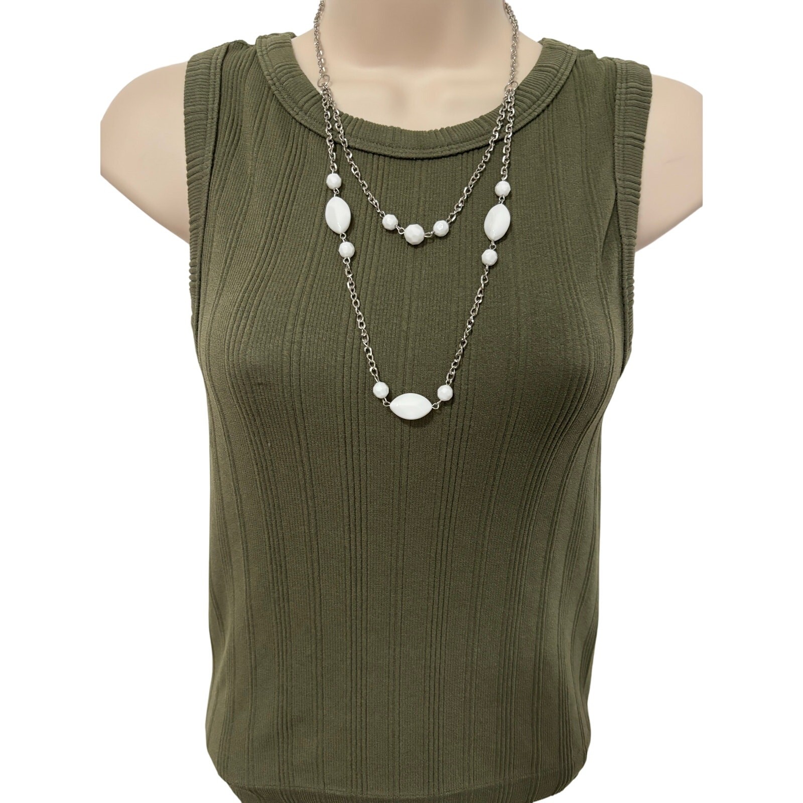 Women’s Silver Tone Chain White Beaded Layered Necklace Timeless Classic BOHO