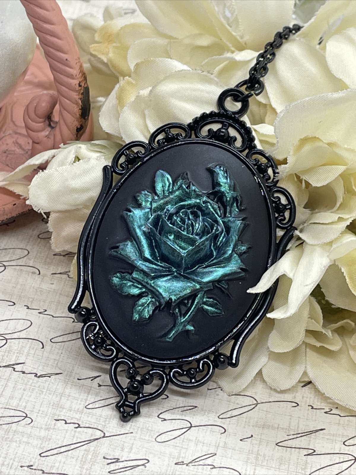 Teal Iridescent Rose Gothic CHRISTMAS Cameo Green Necklace Pendant Victorian