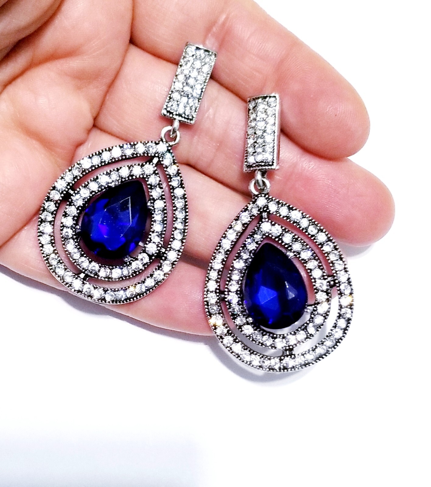 Bridesmaid Drop Dangle Chandelier Earrings 2.4 in Blue Rhinestone Pageant Prom