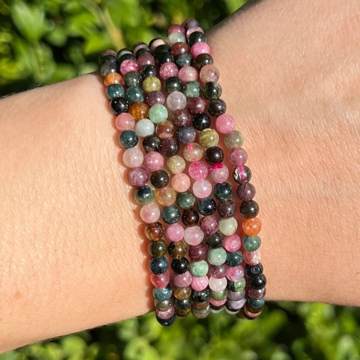 Rainbow Tourmaline Crystal Gemstone Stretch Dainty Bracelet Minimalist 4mm Beads