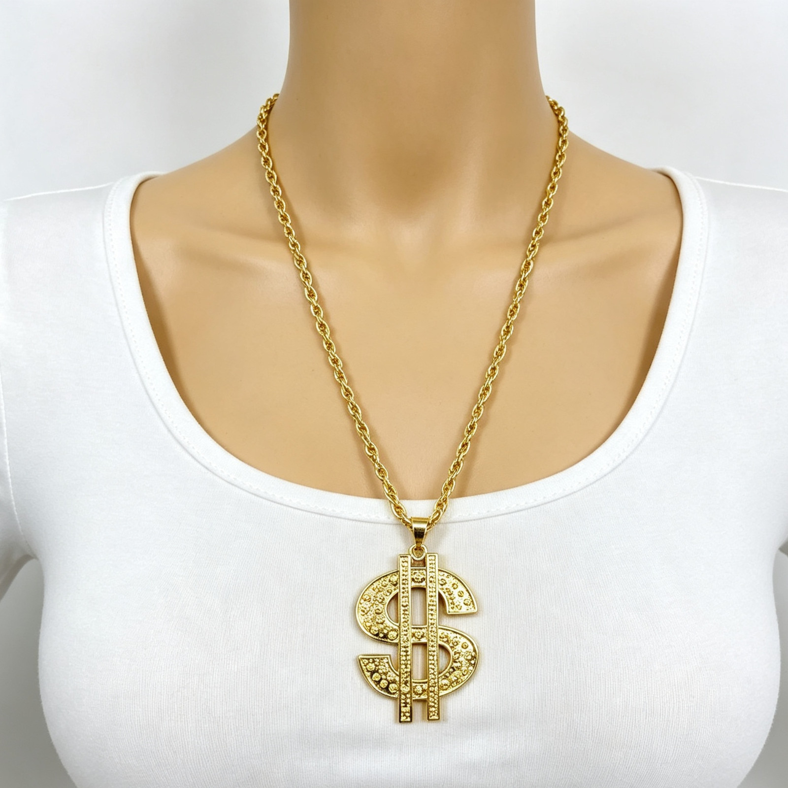 Oversized Gold Dollar Sign Pendant Long Chain Hip Hop Statement Necklace for Men