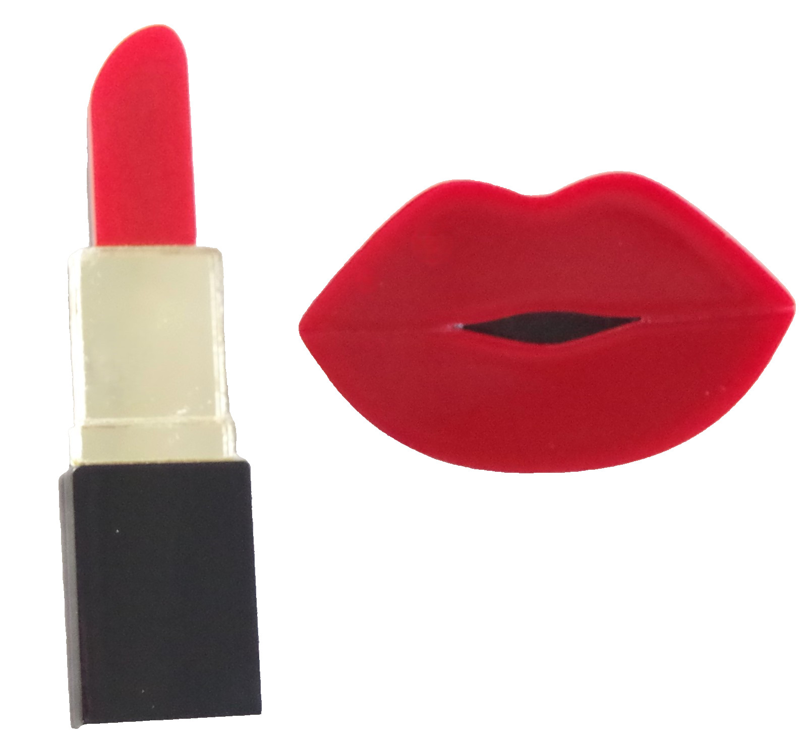Lot of 2 NWOT 2 1/4″ LIPSTICK TUBE & 1 5/8″ LIPS LAYERED ACRYLIC BROOCH/ PIN SET