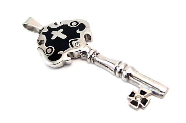 Key Pendant Cross Clear Stones Surgical Steel Hypoallergenic 2-3/4 inches