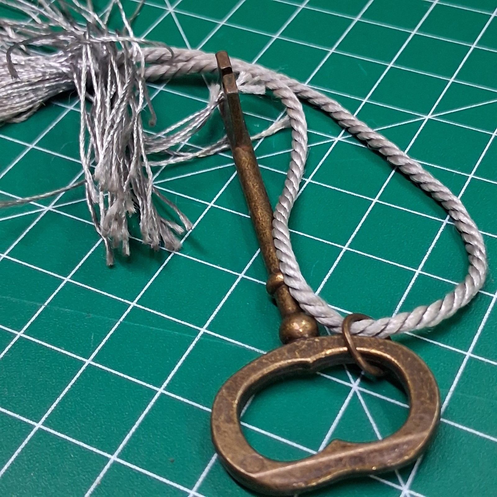 Vintage Dark Brass 3.25” Skeleton Key & Gray Tassle