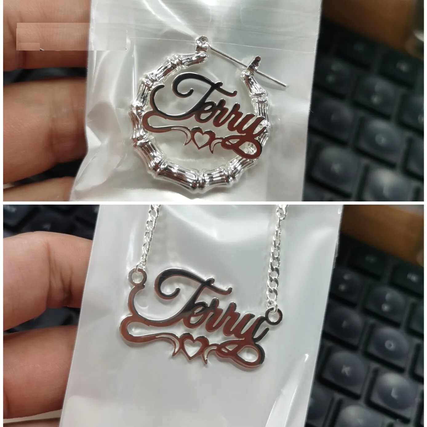 Personalized Name Cuban Bamboo Earrings Customized Necklace Custom Heart Chain