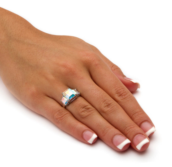 EMERALD CUT AURORA BOREALIS CZ STERLING SILVER RING SIZE 6 7 8 9 10