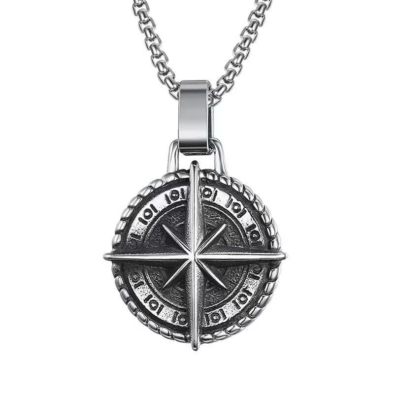 Men’s Silver North Star Compass Pendant Necklace Protection Jewelry Chain 24″