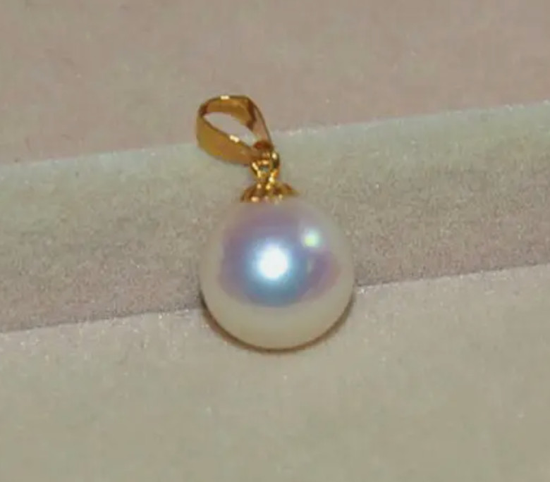 PRETTY 8-9mm AAA+ PERFECT ROUND WHITE AKOYA PEARL PENDANT SOLID 18K YELLOW GOLD