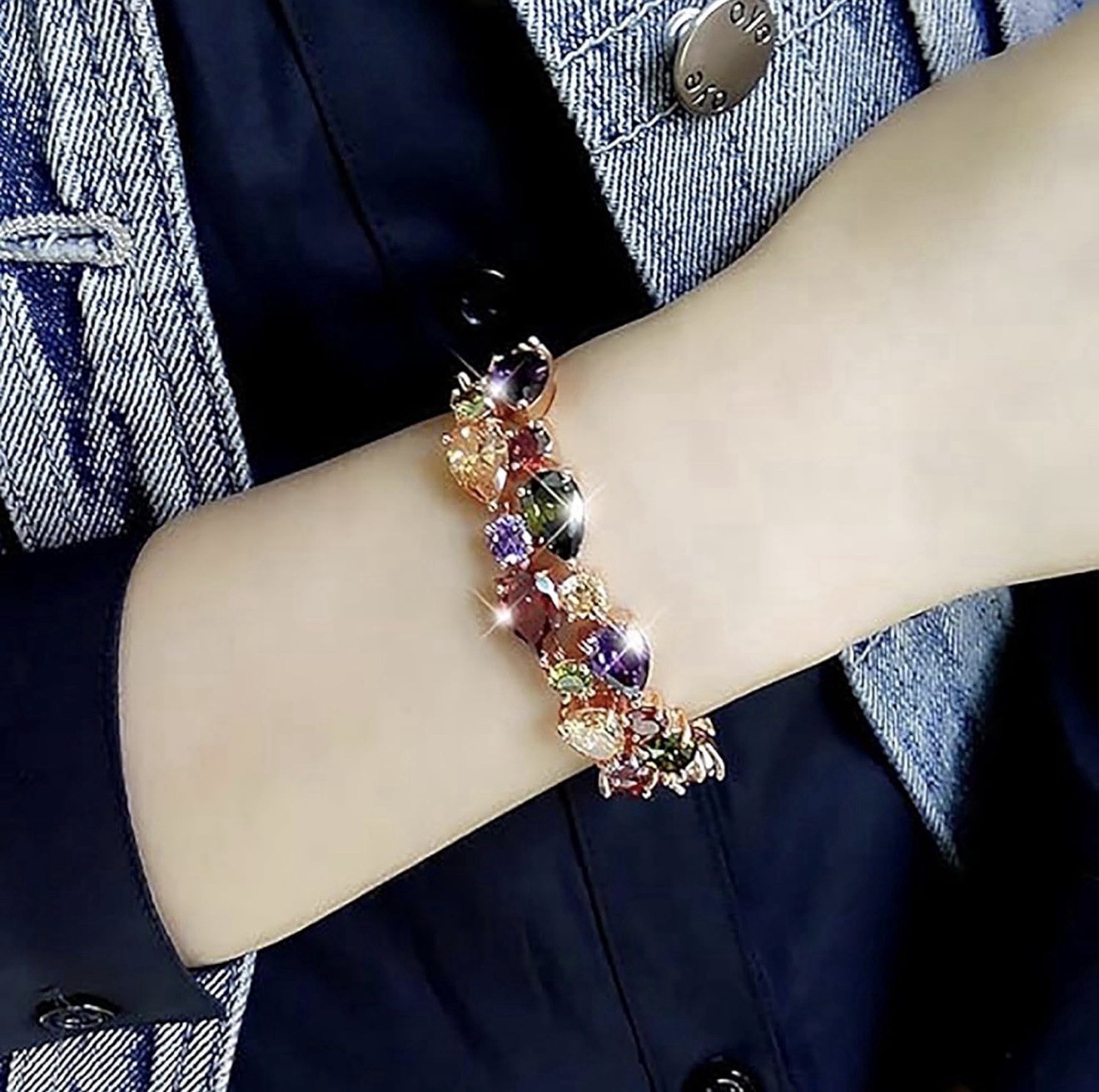 QIANSE 18K Rose Gold Plated Multicolor Lab Grown Stones Link Tennis Bracelet 7in