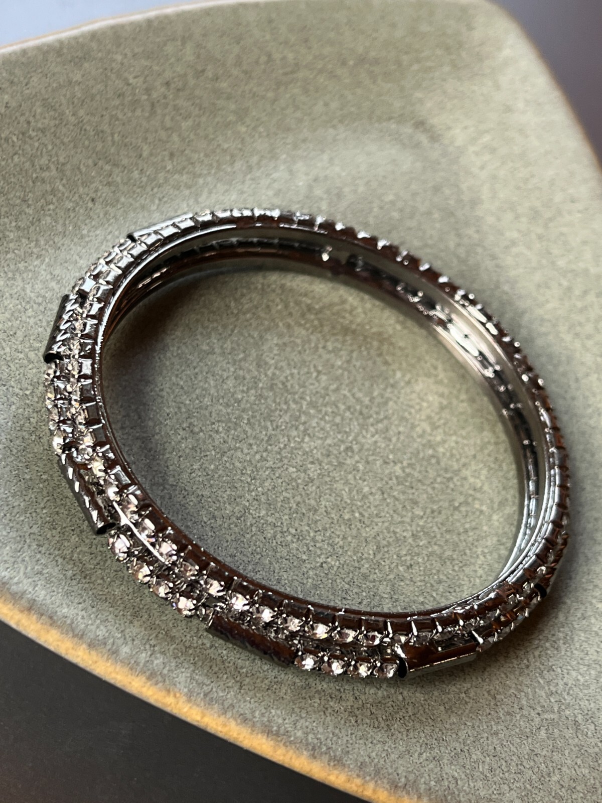 Clear Rhinestone Encrusted & Oxidized Silvertone Bangle Bracelet – 2.25 inches a