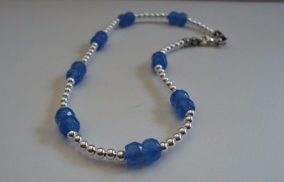 925 STERLING SILVER BEED ANKLE BRACELET W/ TANZANITE GEMSTONES / LOBSTER LOCK