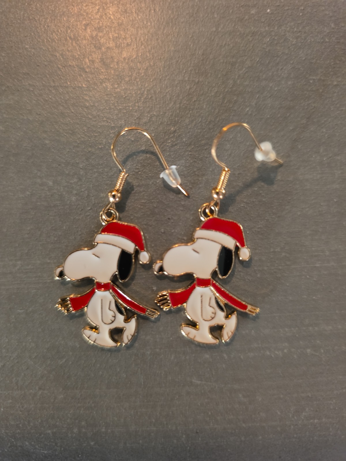 Snoopy Santa Enamel Dangle Earrings Gold-tone French Wire Christmas Earrings NEW