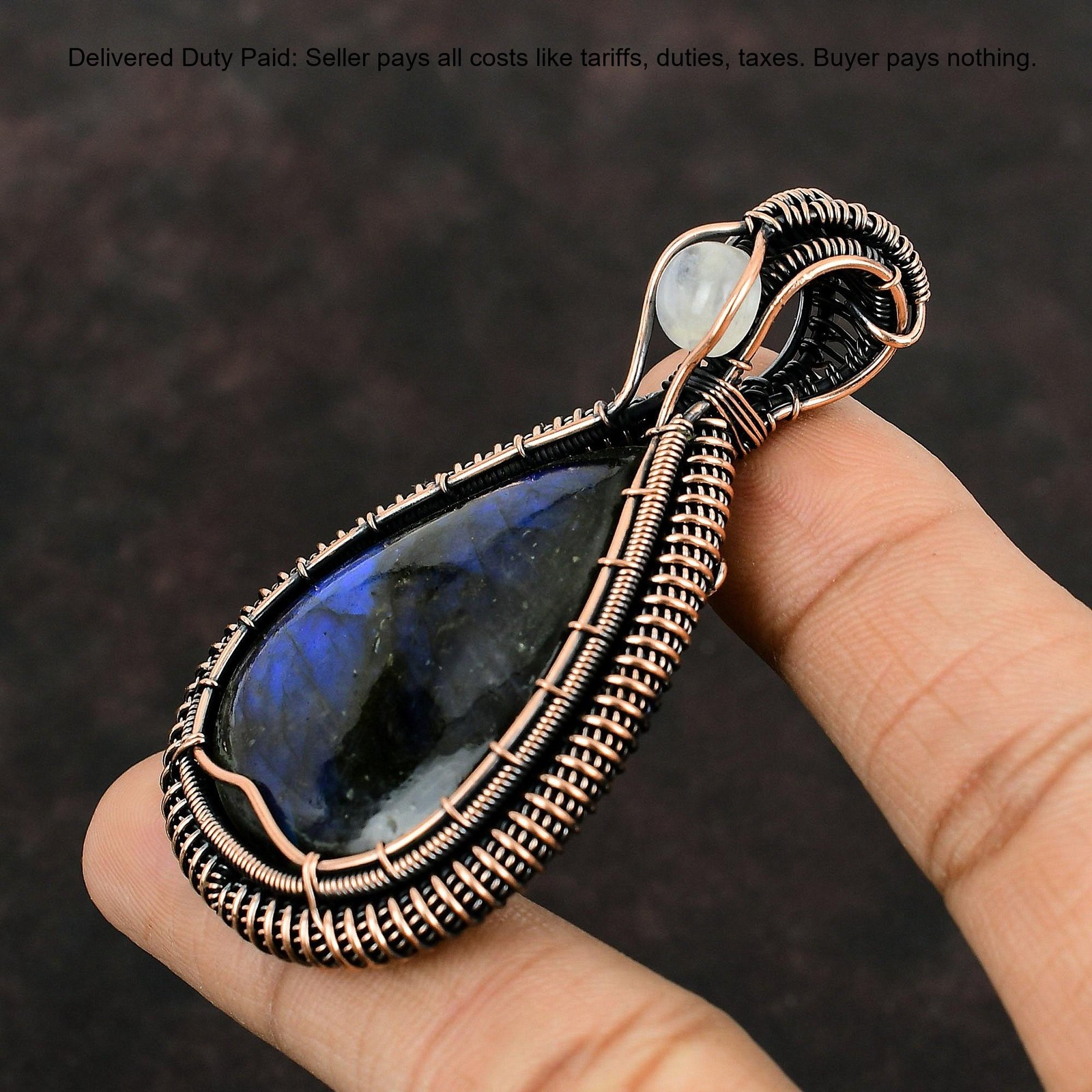 Copper Natural Labradorite Rainbow Moonstone Wire Wrapped Boho Pendant Jewelry