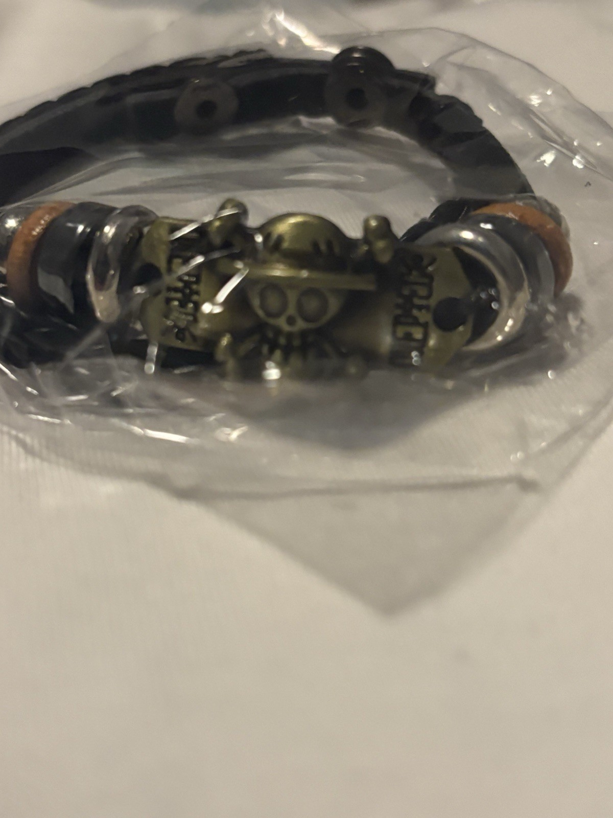 One Piece Straw Hats Pirates Black Leather Bracelet Gold Skull New Sealed