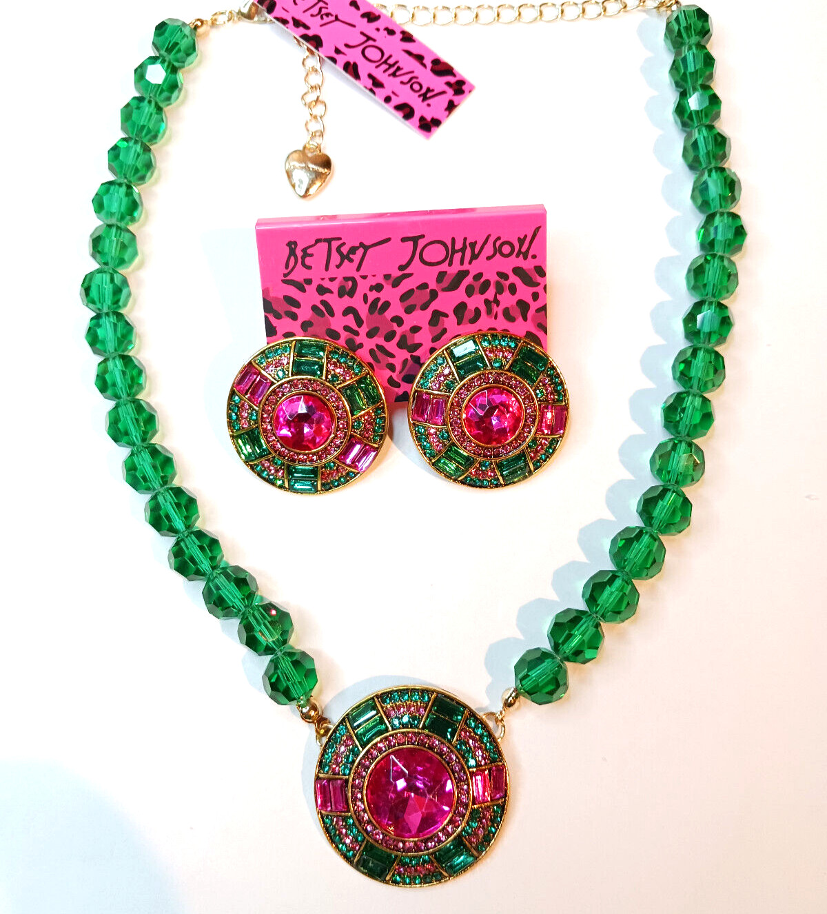 Vibrant Green Pink JEWEL Rhinestone Bead Betsey Johnson Necklace Earrings SET