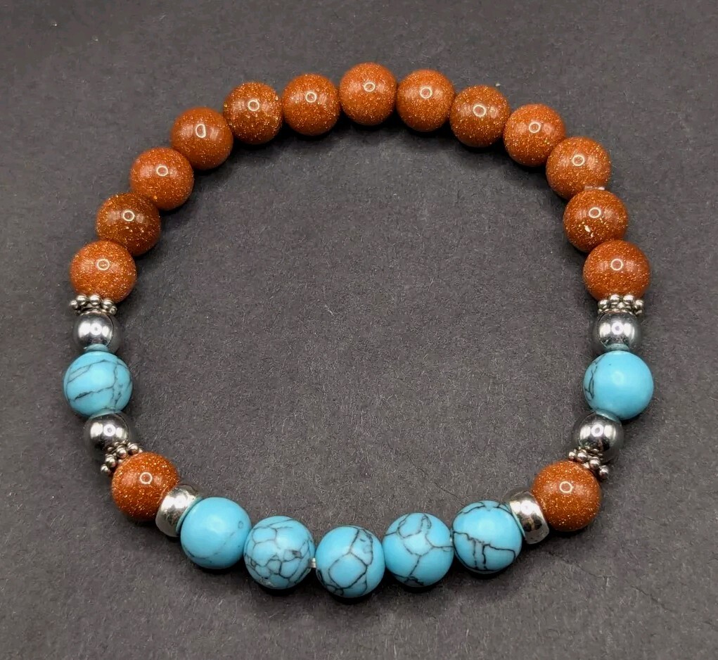 Goldstone, Blue Howlite Beaded Stretch 8mm Artisan Bracelet (18cm) Medium Wrist